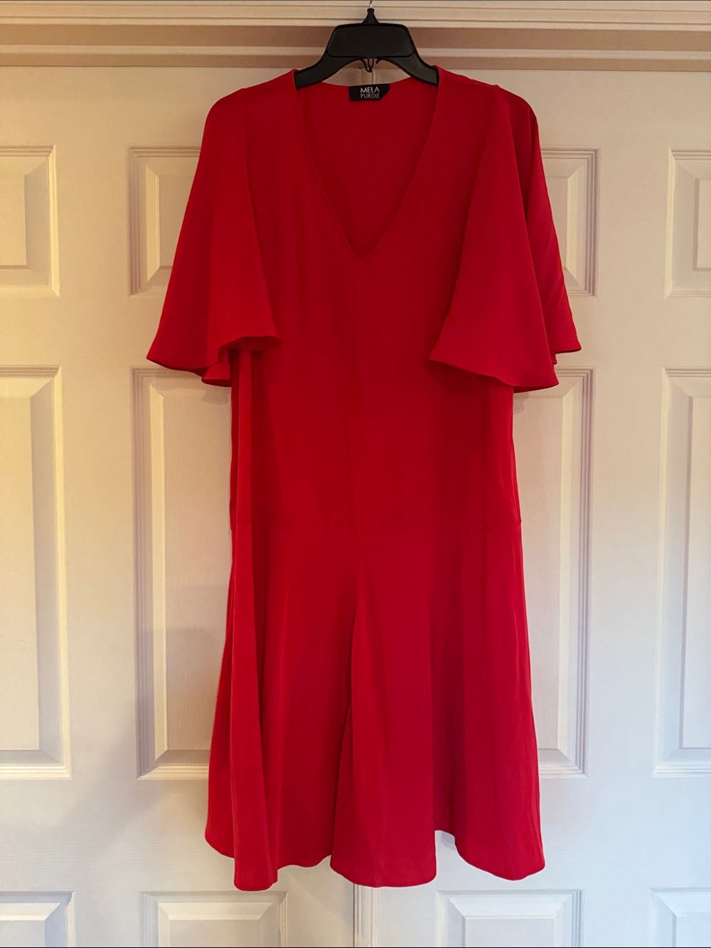 Mela Purdie V-Neck Flutter-Sleeve Oversized Midi Dress, Size S, Color Red
